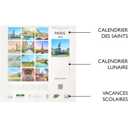 DRAEGER PARIS 1886 - Grand Calendrier mural 28x29 cm 2026 - Thème Paris - 12 mois - Papier FSC - Illustrations détachables
