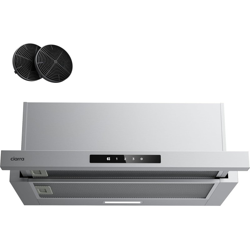 CIARRA CBCS6909A Hotte Encastrable 60cm 600 m³/h A+ Hotte Plate Intégrée 3 Vitesses avec Filtre à Charbon CBCF055, Commande Tact