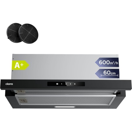 CIARRA CBCB6909A Classe A+ Hotte Télescopique Encastrable 60 cm 600 m³/h, Commande Tactile, 3 Vitesses, Recyclage & Evacuation, 
