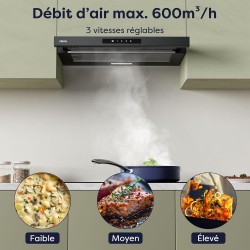 CIARRA CBCB6909A Classe A+ Hotte Télescopique Encastrable 60 cm 600 m³/h, Commande Tactile, 3 Vitesses, Recyclage & Evacuation, 