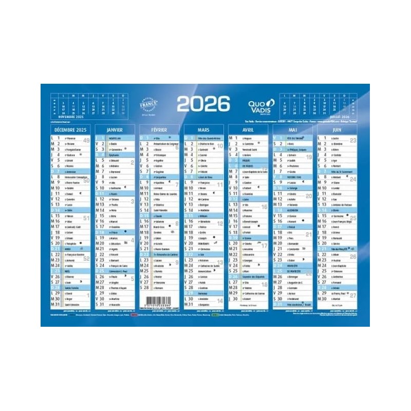 Quo Vadis - 1 Calendrier de Banque Bleu - Janvier 2026 à Décembre 2026 - Format 13,5 x 18 cm