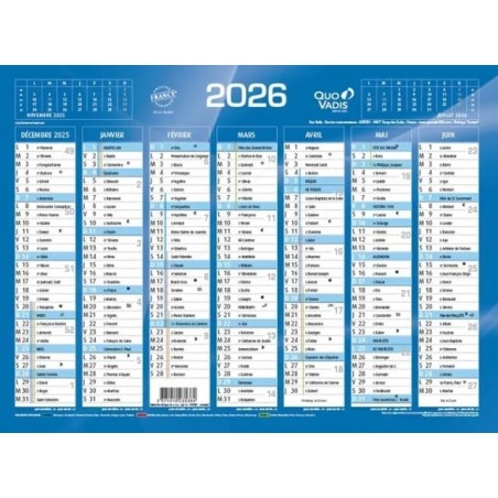 Quo Vadis - 1 Calendrier de Banque Bleu - Janvier 2026 à Décembre 2026 - Format 13,5 x 18 cm