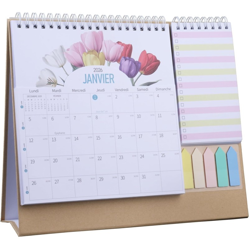 Calendrier de Bureau 2026, Mensuel Planificateur avec les Jours Fériés Français, les Mini-notes, Calendriers avec Pochette Organ