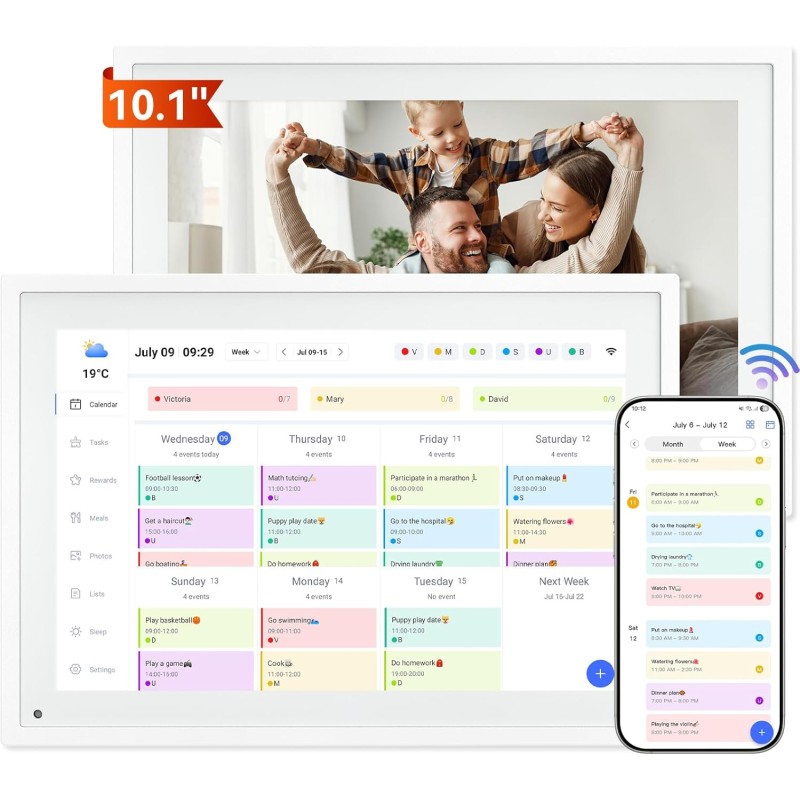 P10 WIFI Calendrier Numérique pour Famille et conférences - Cadre Photo Numérique, 10.1'' Calendrier Alzheimer, Sync Horaires & 