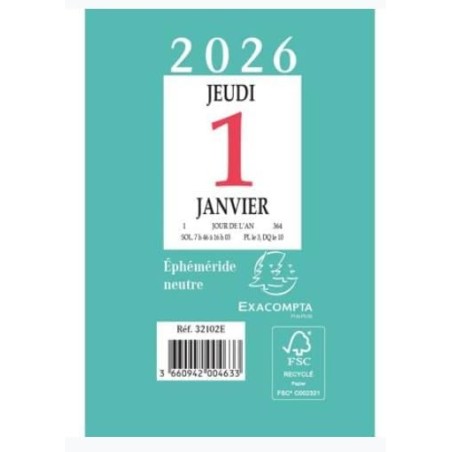 EXACOMPTA - 32102E - 1 Bloc Ephéméride Neutre Autocollant à Effeuiller (Sans Plaque) - Format 6.5 x 9.7 cm - Janvier 2026 à Déce