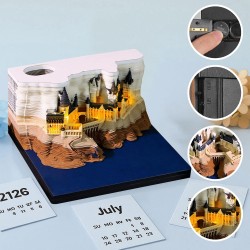 Calendrier de bureau 2026 3D avec lumière LED - Décoration de bureau - Décoration de bureau - Motif château