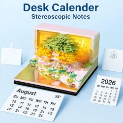 Calendrier de bureau 2026 3D avec lumière LED - Décoration de bureau - Décoration de bureau - Motif île aux fleurs - Vert