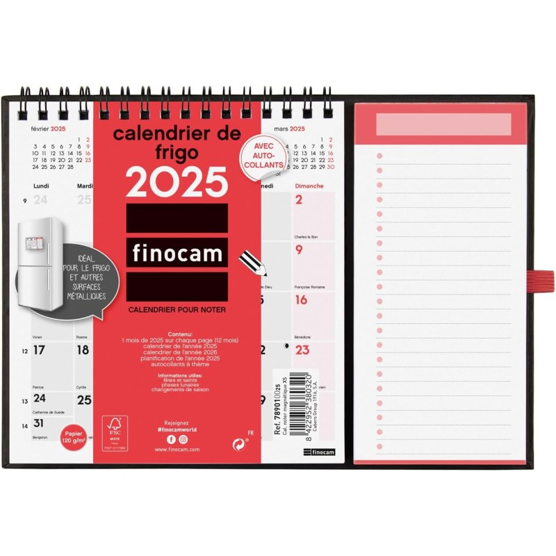 Finocam – Calendrier Neutre avec Aimant pour écrire 2025 1 mois par page Janvier 2025 – Décembre 2025 (12 mois) Français