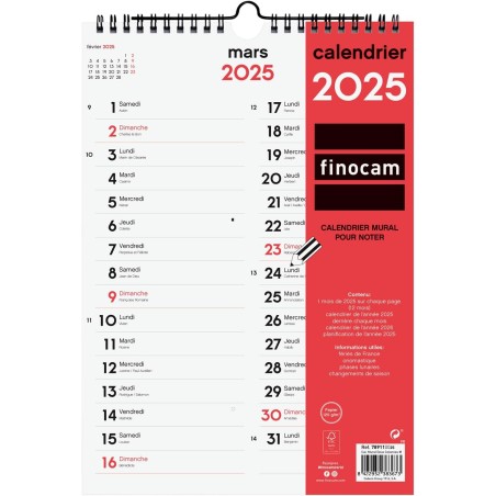 Finocam – Calendrier Neutre Mural pour écrire Deux colonnes 2025 1 mois par page Janvier 2025 – Décembre 2025 (12 mois) Français