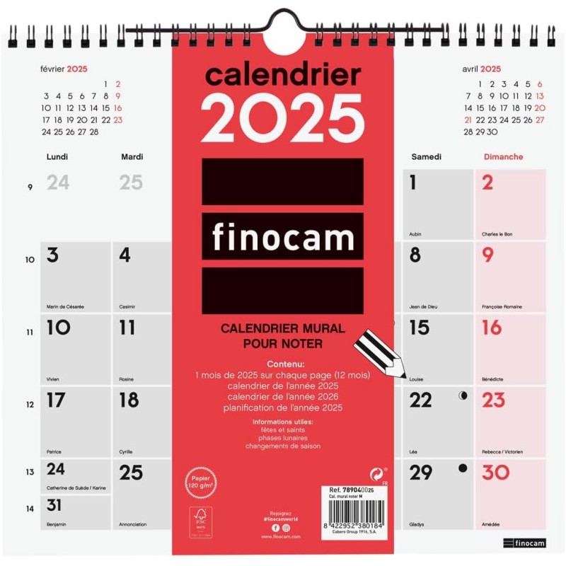 Finocam – Calendrier Neutre Mural pour écrire 2025 1 mois par page Janvier 2025 – Décembre 2025 (12 mois) Français