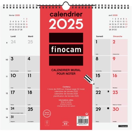 Finocam – Calendrier Neutre Mural pour écrire 2025 1 mois par page Janvier 2025 – Décembre 2025 (12 mois) Français
