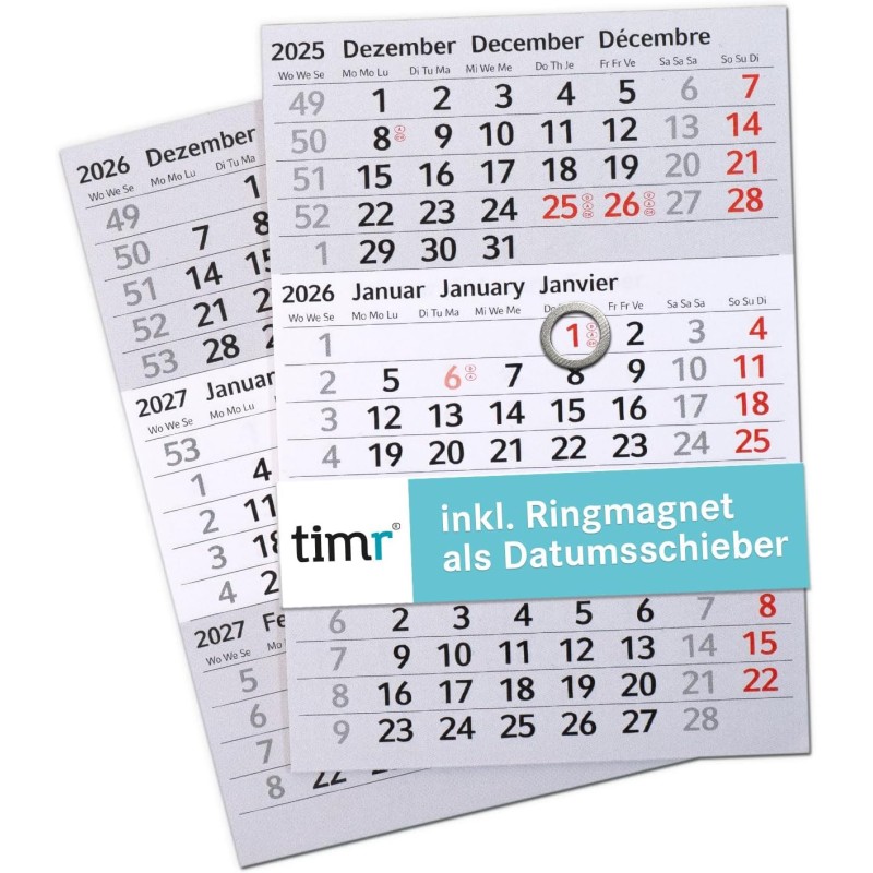 Timr Remplaçant Calendrier 2026 et 2027 avec anneau I Magnétique I Pour calendrier de table en acier inoxydable brossé I Idée ca
