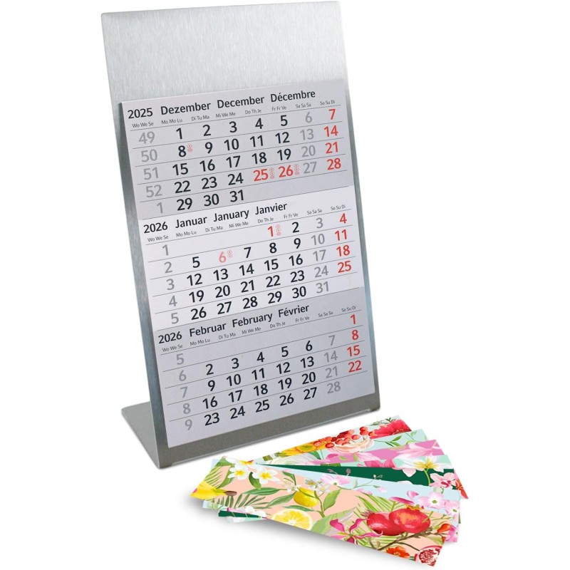 Calendrier de table Timr en acier inoxydable à poser I pour 2 ans 2026/2027 I Motifs fleurs en aquarelle I Vue sur 3 mois avec b