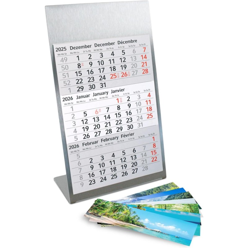 Calendrier de table Timr en acier inoxydable à poser I Motifs paysages I pour 2 ans 2026/2027 I Bloc calendrier 3 mois avec aima