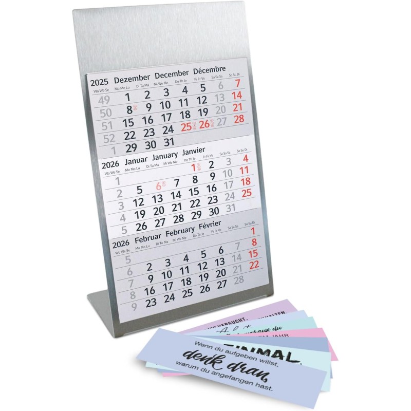 Calendrier de table Timr en acier inoxydable à poser I Motivation pastel I pour 2 ans 2026/2027 I Bloc calendrier 3 mois avec ai