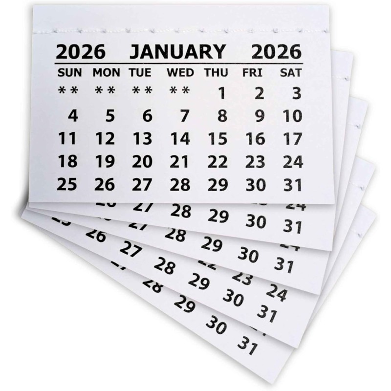 Lot de 25 mini blocs de calendrier 2026 – Calendrier en papier blanc cousu pour cadeau personnalisé – Petit calendrier de bureau