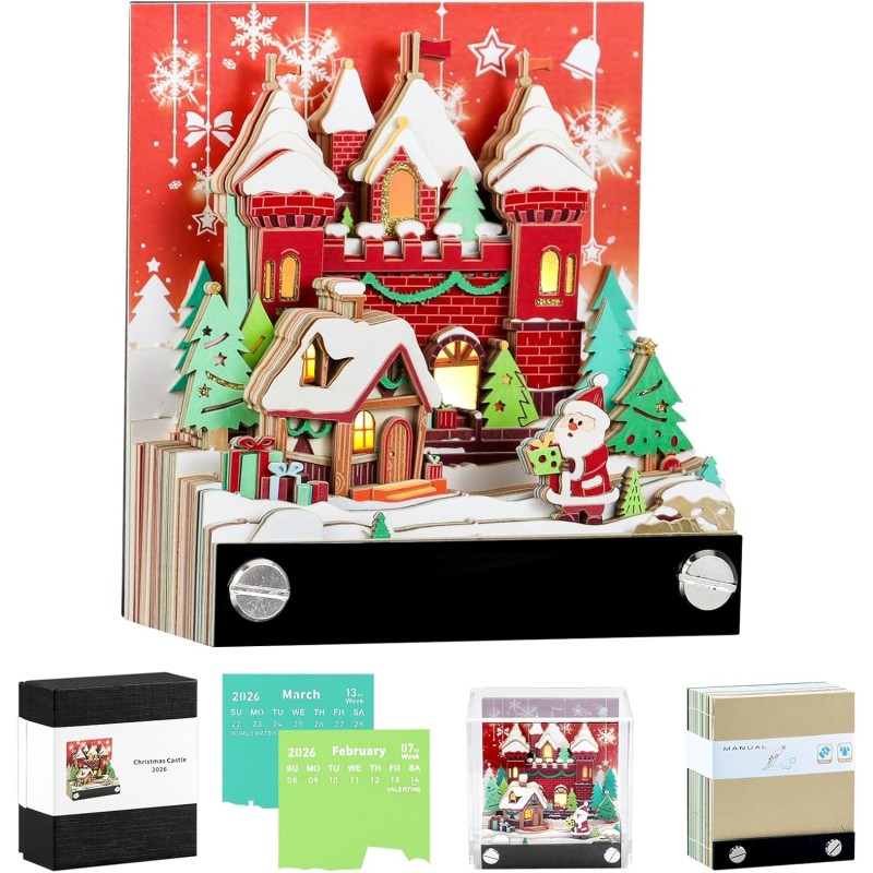 Calendrier 3D 2026, Calendrier Créatif avec Lumières & Maison de Neige de Noël, 3D Bloc-Notes en Papier Sculpté, Notes Autocolla