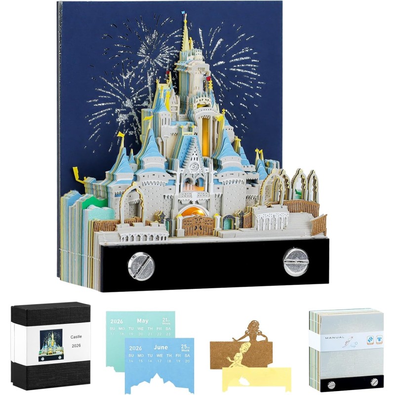 Calendrier 3D 2026, Calendrier Créatif avec Lumières & Château Magique, 3D Bloc-Notes en Papier Sculpté, Notes Autocollantes, 3d