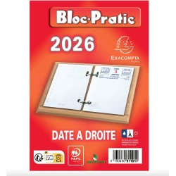 1 Bloc recharge pour éphéméride, Bloc-Pratic 2026, Date à droite - 8,2 x 12 cm, Rouge, sans Socle - Exacompta