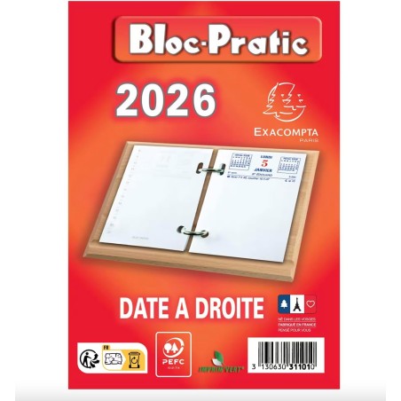 1 Bloc recharge pour éphéméride, Bloc-Pratic 2026, Date à droite - 8,2 x 12 cm, Rouge, sans Socle - Exacompta