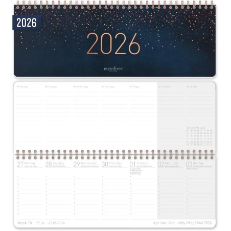 Häfft® Calendrier de bureau international 2026 horizontal "Starry Night" 1 semaine 2 pages, 29,8 x 11,6 cm, multilingue - durabl