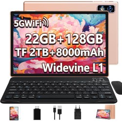 Nouvelle 2025 Tablette 10 Pouces Android 14 avec 22Go RAM+128Go ROM(TF/2To),Tablette Tactile avec 5G+2.4G WiFi, Octa-Core 2.0Ghz