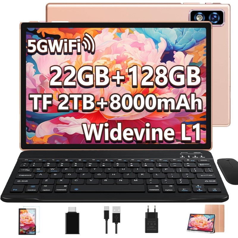 Nouvelle 2025 Tablette 10 Pouces Android 14 avec 22Go RAM+128Go ROM(TF/2To),Tablette Tactile avec 5G+2.4G WiFi, Octa-Core 2.0Ghz
