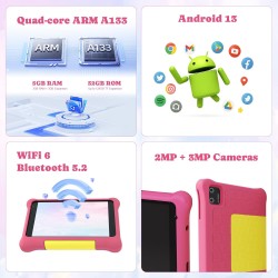 Tablette enfants 7 pouces android 13 tablette pour enfant 5gb ram 32gb rom(tf 128gb) contrôle parental, gms, wifi, bleutooth, ki