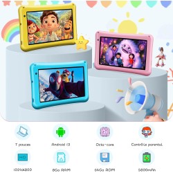Tablette Enfants 7 Pouces, Android 13, 8Go RAM 64Go ROM, Tablette Tactile Octa-Core, 5MP+8MP Caméra HD, Contrôle Parental, Houss