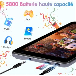 Tablette Enfants 7 Pouces Android 13, Octa-Core 8Go RAM 64Go ROM, 5800mAh Batterie, 5MP+8MP Caméra HD, Contrôle Parental, Housse