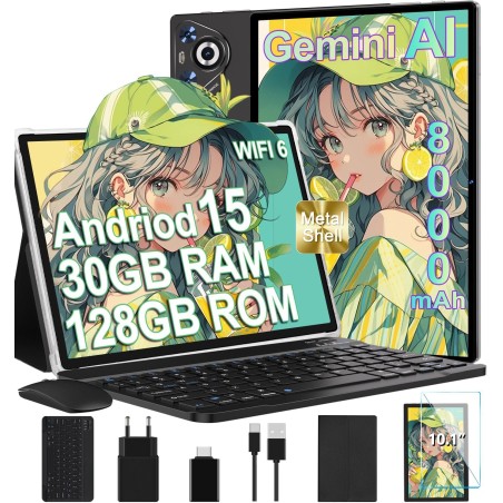 2025 Tablette Android 15 10 Pouces Écran IPS HD [30Go RAM] 128Go + TF 1To - Octo-Core, 8000mAh, Corps intégré en métal, 5MP+8MP,