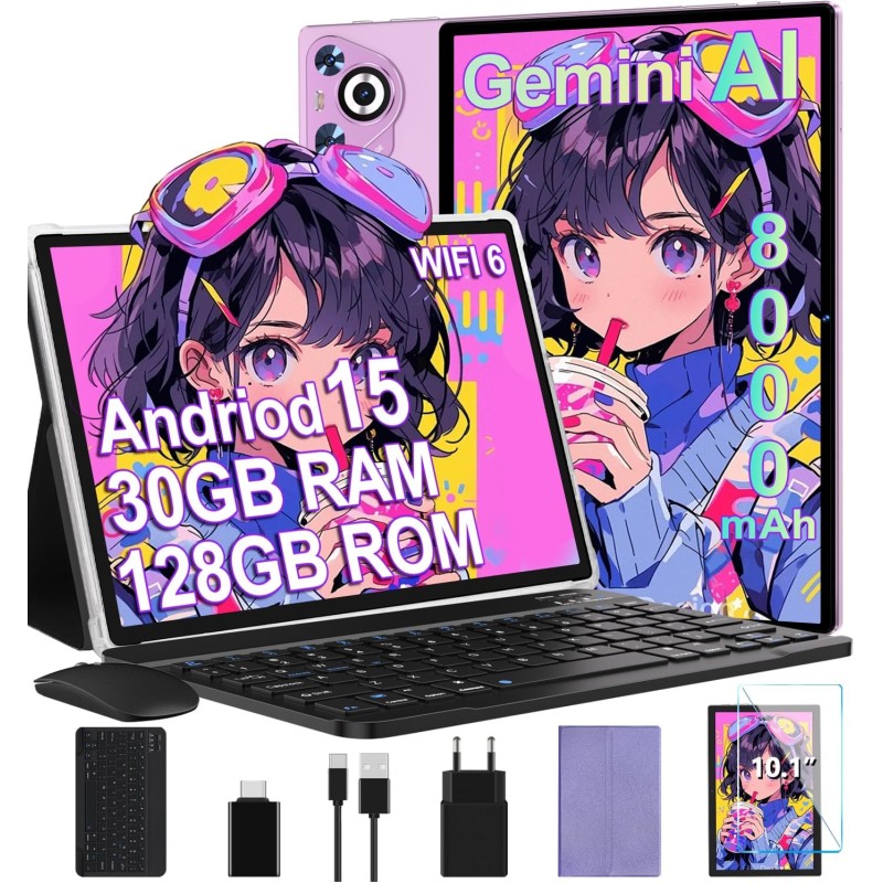 2025 Tablette Android 15 10 Pouces Écran IPS HD [30Go RAM] 128Go + TF 1To - Octo-Core, 8000mAh, Corps intégré en métal, 5MP+8MP,