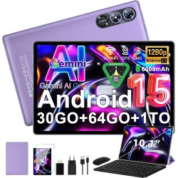 Android 15 Tablette 10 Pouces avec Gemini AI, Octa-Core Tablettes PC, 30 GO RAM+ 64 GO ROM (1TO TF), 3.5mm Audio/ WiFi 6 & BT 5.
