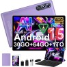 Android 15 Tablette 10 Pouces avec Gemini AI, Octa-Core Tablettes PC, 30 GO RAM+ 64 GO ROM (1TO TF), 3.5mm Audio/ WiFi 6 & BT 5.