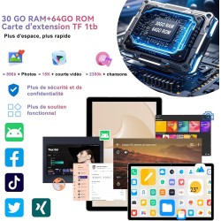Android 15 Tablette 10 Pouces avec Gemini AI, Octa-Core Tablettes PC, 30 GO RAM+ 64 GO ROM (1TO TF), 3.5mm Audio/ WiFi 6 & BT 5.