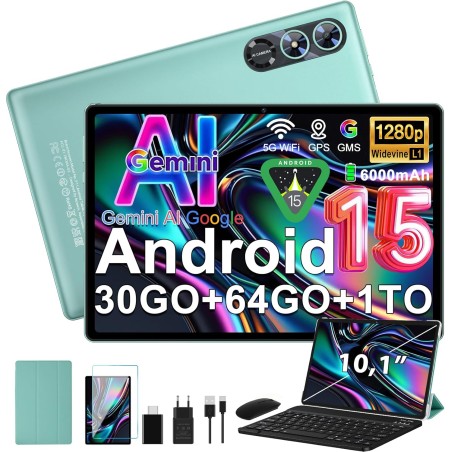 Android 15 Tablette 10 Pouces avec Gemini AI, Octa-Core Tablettes PC, 30 GO RAM+ 64 GO ROM (1TO TF), 3.5mm Audio/ WiFi 6 & BT 5.