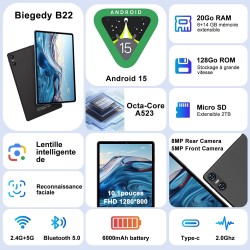 Tablette Android 15 Tablette 10 Pouces 20Go RAM + 128Go ROM(2To Extensible), Octa-Core, GMS Tablette Tactile, WiFi 6, 5G Wi-FI, 