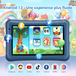 Tablette Enfant 7 Pouces Android 13,8Go RAM + 64Go ROM (Extensible 256Go),Octa-Core,5800mAh,Certifié Google (Bleu)