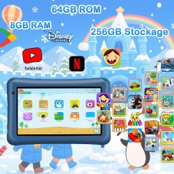 Tablette Enfant 7 Pouces Android 13,8Go RAM + 64Go ROM (Extensible 256Go),Octa-Core,5800mAh,Certifié Google (Bleu)