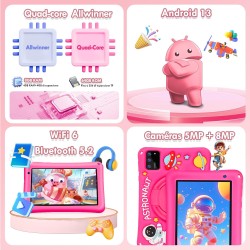 Tablette Enfants 7 Pouces,Android 13,8Go(4+4)+64Go,Octo-Core,Double Caméra,Contrôle Parental, Coque Antichoc (Rose)