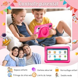 Tablette Enfants 7 Pouces,Android 13,8Go(4+4)+64Go,Octo-Core,Double Caméra,Contrôle Parental, Coque Antichoc (Rose)