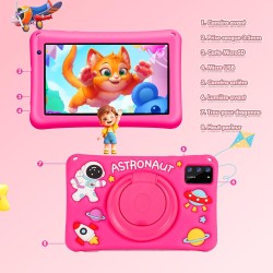 Tablette Enfants 7 Pouces,Android 13,8Go(4+4)+64Go,Octo-Core,Double Caméra,Contrôle Parental, Coque Antichoc (Rose)