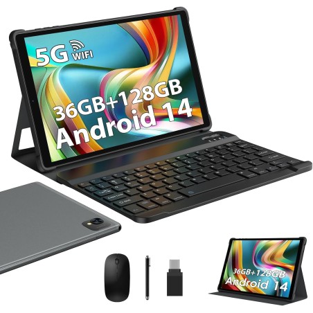 Tablette 10 pouces android 14 avec octa-core, 36gb ram+128gb rom (1tb tf), 2.4g+ 5gwifi, bleutooth 5.0, gps, 8000mah,13mp+8mp, f