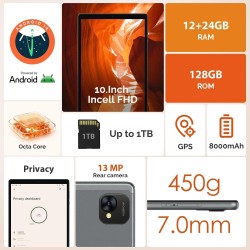 Tablette 10 pouces android 14 avec octa-core, 36gb ram+128gb rom (1tb tf), 2.4g+ 5gwifi, bleutooth 5.0, gps, 8000mah,13mp+8mp, f