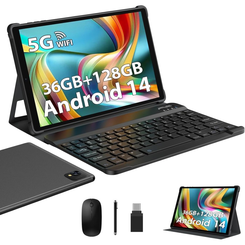 Tablette 10 pouces android 14 avec octa-core, 36gb ram+128gb rom (1tb tf), 2.4g+ 5gwifi, bleutooth 5.0, gps, 8000mah,13mp+8mp, f