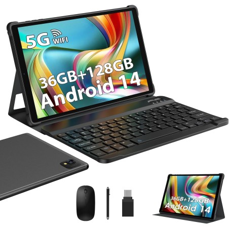 Tablette 10 pouces android 14 avec octa-core, 36gb ram+128gb rom (1tb tf), 2.4g+ 5gwifi, bleutooth 5.0, gps, 8000mah,13mp+8mp, f