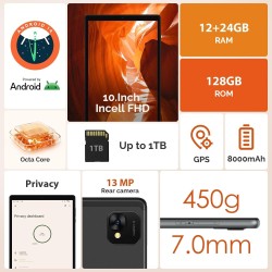 Tablette 10 pouces android 14 avec octa-core, 36gb ram+128gb rom (1tb tf), 2.4g+ 5gwifi, bleutooth 5.0, gps, 8000mah,13mp+8mp, f