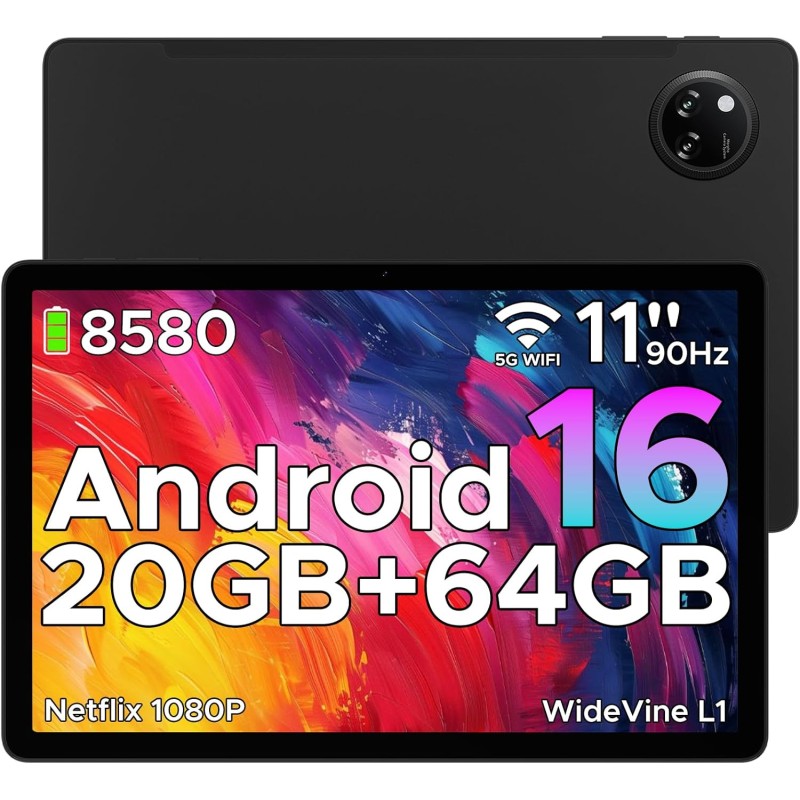 DOOGEE Tab A9+ Android 16 Tablette 11 Pouces, 20Go + 64Go (TF 2To) Unisoc T7200 8 580 mAh Gaming Tablette Wi-FI 5, 13 MP/FM/Face