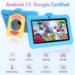 Tablette enfants 7 pouces android, ram 8 (3+5) go, rom 64 go (tf 128 go), gms certified, apps pré-installé, éducative, contrôle 
