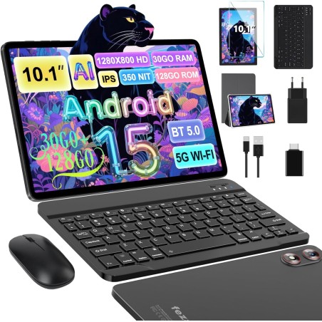 Tablette Android 15 avec 5G WiFi 10 Pouces 30Go RAM + 128Go ROM(2To Extensible), Widevine L1, Octa-Core 2.0GHz/8000mAh/8+5MP/Dou
